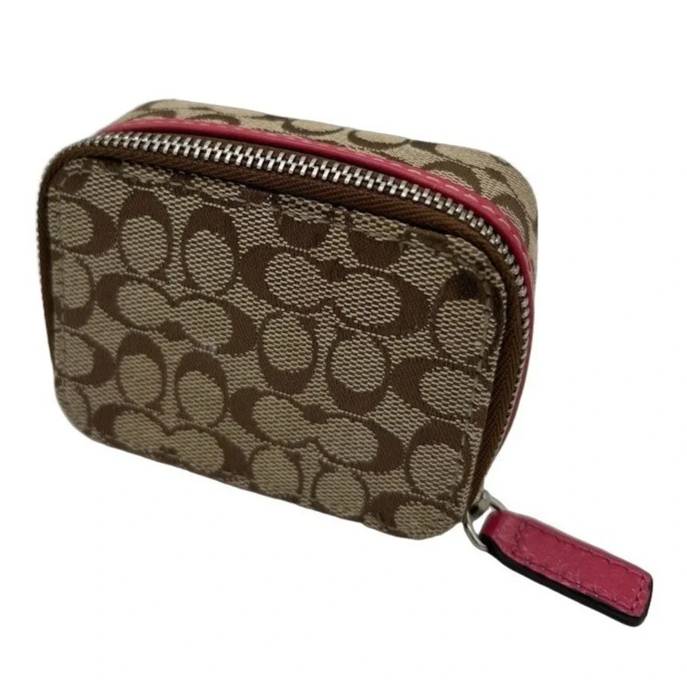 Coach Mini Jewelry Case Women's One Size Brown Pink Signature Monogram Zip Y2K